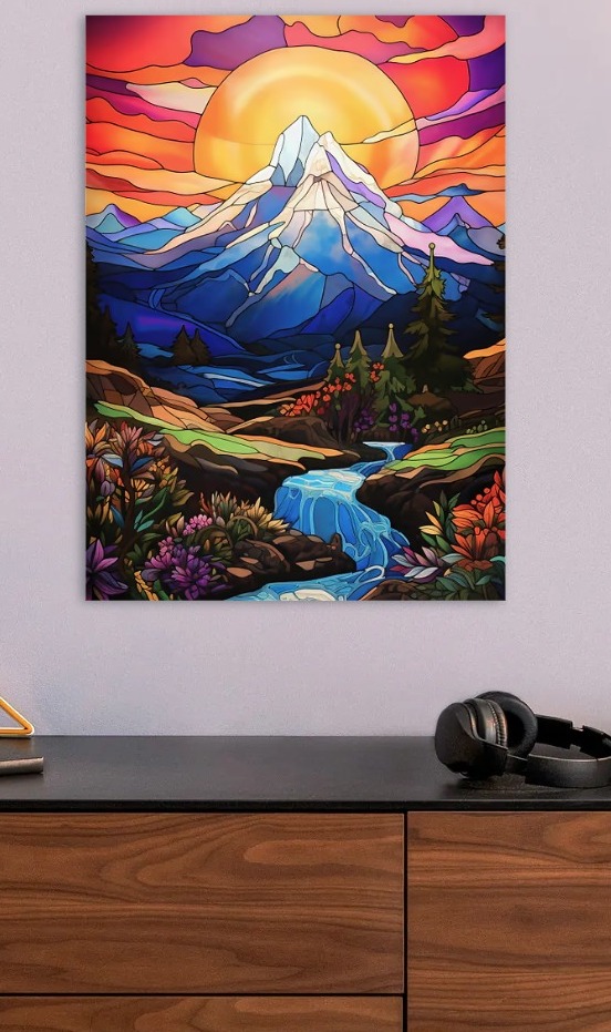 Stained Glass Mountain Landscape — metal poster wall art by Lineer